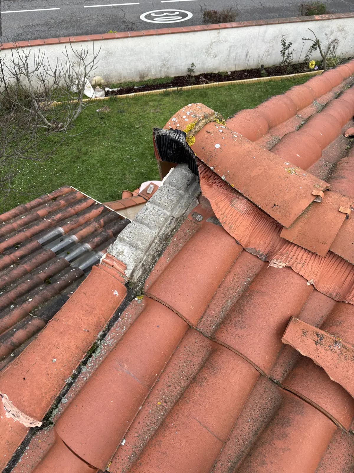Toiture en tuile canal avec une sortie de toit, jardin et pelouse en contrebas